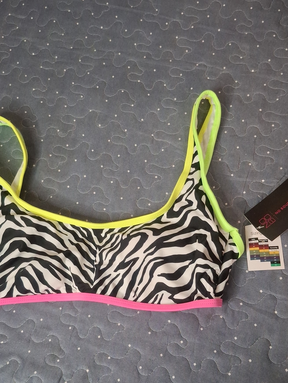 No Boundaries Neon Trim Zebra Print Swim top size large NWT